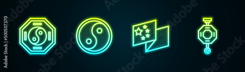 Set line Yin Yang, , China flag and Chinese paper lantern. Glowing neon icon. Vector