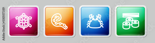 Set line Turtle, Octopus of tentacle, Crab and Sushi. Colorful square button. Vector