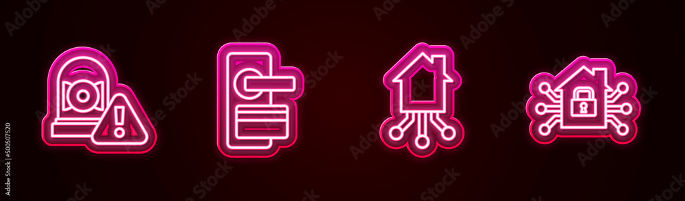 Set line Ringing alarm bell, Digital door lock, Smart home and . Glowing neon icon. Vector