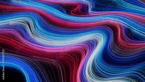Wavy Neon Lights Background with Blue, Pink and Purple Streaks. 3D Render. photo