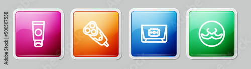 Set line Cream cosmetic tube, Electric razor blade, Blade and Mustache. Colorful square button. Vector