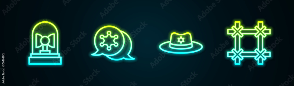 Set line Flasher siren, Hexagram sheriff, Sheriff hat with badge and Prison window. Glowing neon icon. Vector Set line Flasher siren, Hexagram sheriff, Sheriff hat with badge and Prison window. Glowing neon icon. Vector