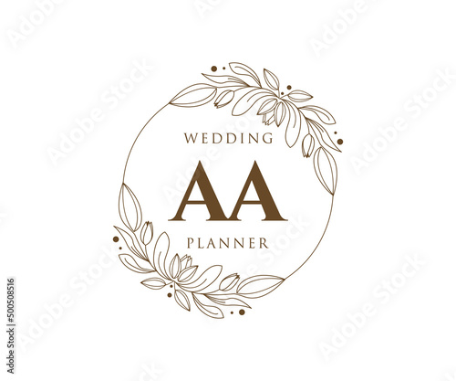 AA Initials letter Wedding monogram logos collection, hand drawn modern minimalistic and floral templates for Invitation cards, Save the Date, elegant identity for restaurant, boutique, cafe in vector