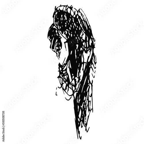 Kissing couple. Woman embracing mysterious dark partner. Hand drawn linear doodle rough sketch. Black silhouette on white background.