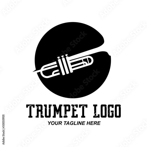 Trumpet logo design, generate melody, musical instrument vector sketch illustration