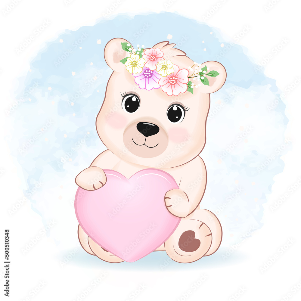Cute little Bear with pink heart, animal cartoon illustration Cute little Bear with pink heart, animal cartoon illustration