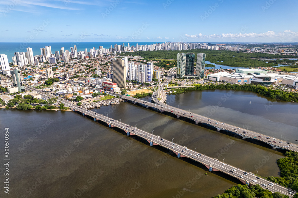 Aerial view of Recife, capital of Pernambuco, Brazil. Enchanted lady Bridge and Capibaribe river.