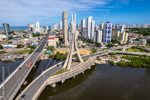 Aerial view of Recife, capital of Pernambuco, Brazil. Enchanted lady Bridge and Capibaribe river. © Brastock Images