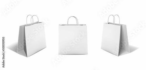 3d realistic vector icon set. White paper bag in front, and two side views. Isolated on white background.