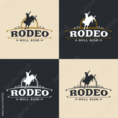 A rodeo logo with western design elements and a silhouette cowboy bull rider.