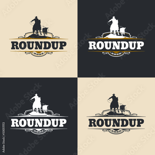 Fotobehang A rodeo logo with western design elements and a silhouette cowboy calf roper