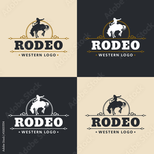 A rodeo logo with western design elements and a silhouette cowboy saddle bronc rider.