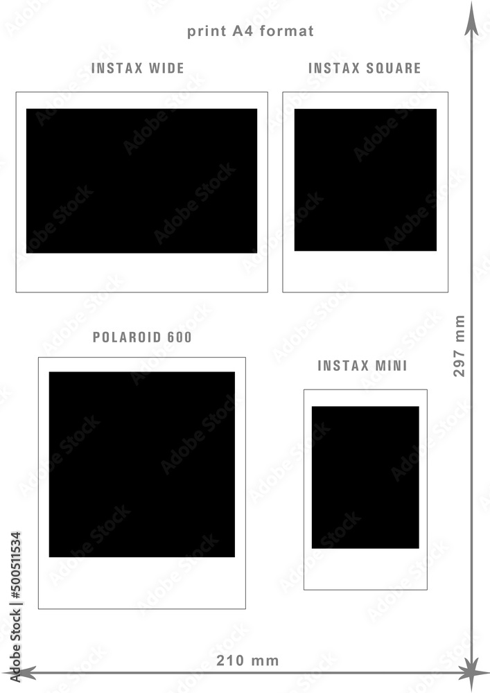 exact dimensions polaroid 600, square, wide, mini, printable on A4 format  Photos | Adobe Stock