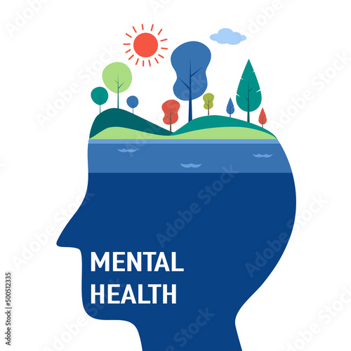 Silhouette of human head with mountain, trees and sun on top. Mental health care concept vector illustration.. Psychological therapy and treatment. Mind care.