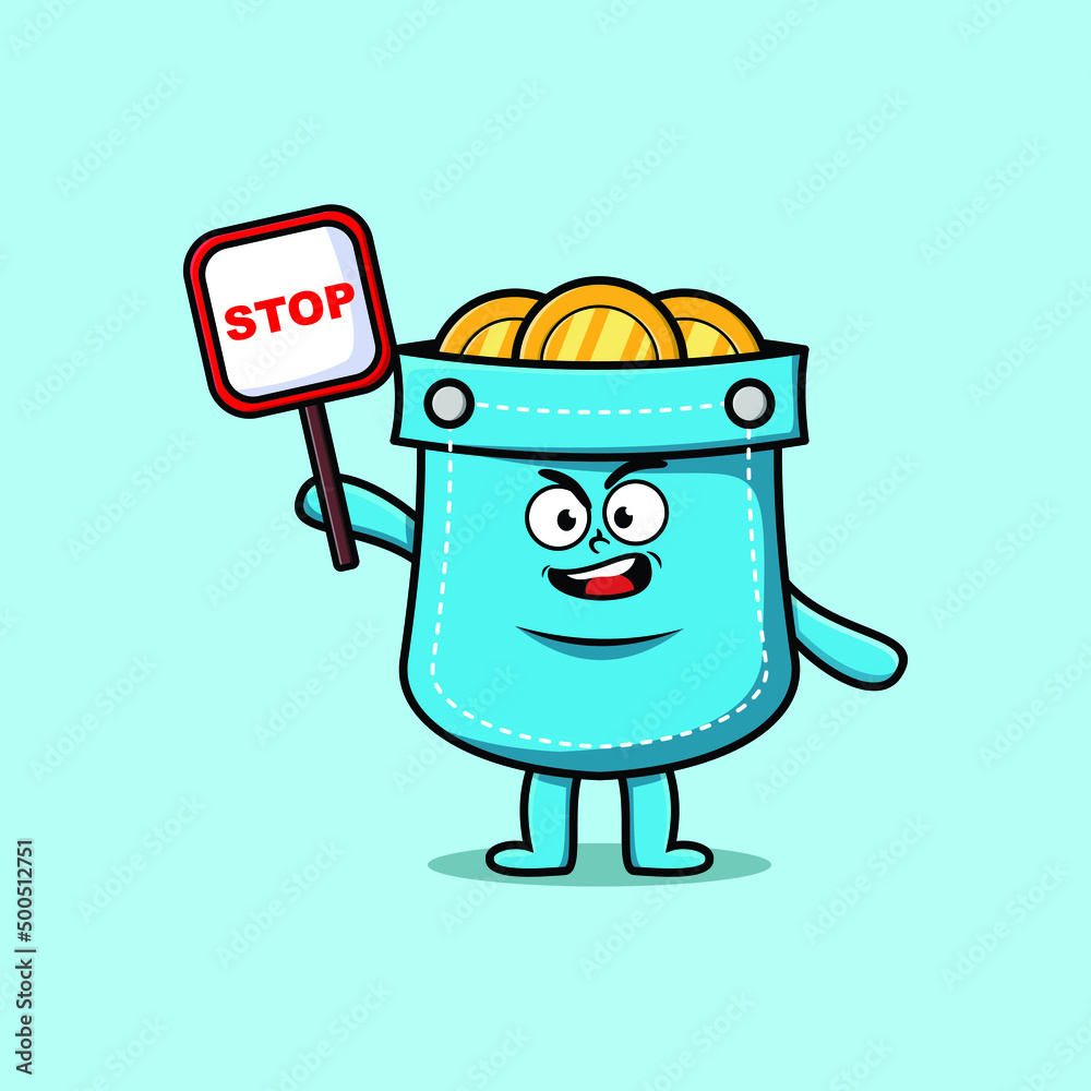 Cute Cartoon mascot illustration pocket with stop sign board vector drawing cute modern style design Cute Cartoon mascot illustration pocket with stop sign board vector drawing cute modern style design