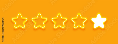Five stars neon light sign, Review rank 5-star for business, hotel, feedback, likes, awards, rating, favorite. Vector illustration.