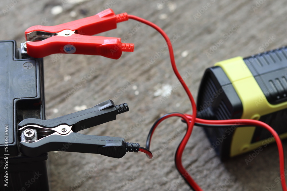 Black and red wires, the ends of the wires have clamps for battery