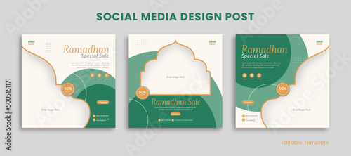 Set Editable Ramadan Social Media Design Post Template with green islamic theme. Suitable for promotion, ads, advertising, presentation, sale banner, product, business, food, fashion, etc.