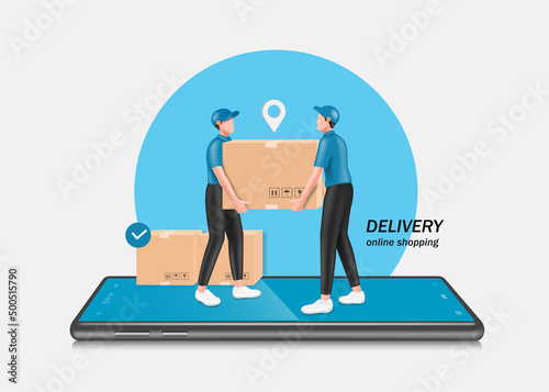 Two male couriers in uniforms Help to lift parcel boxes to deliver to customers and standing on a smartphone,vector 3d isolated on white background for online shopping and delivery concept design