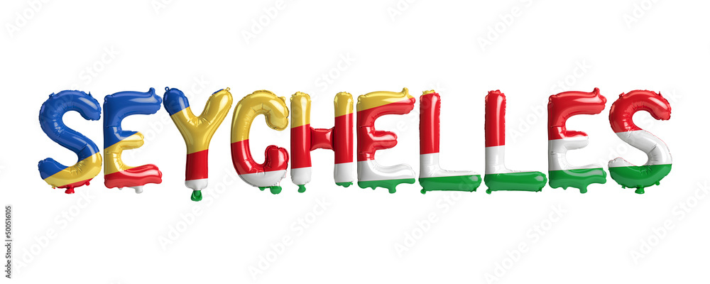 3d illustration of Seychelles-letter balloons with flags color isolated on white