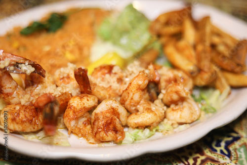 Closeup shrimp fajitas Mexican food restaurant
