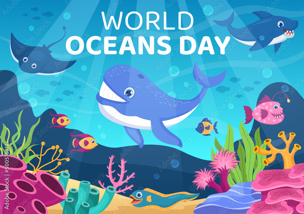 Obraz premium World Ocean Day Cartoon Illustration with Underwater Scenery, Various Fish Animals, Corals and Marine Plants Dedicated to Helping Protect or Preserve