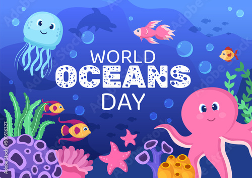 World Ocean Day Cartoon Illustration with Underwater Scenery  Various Fish Animals  Corals and Marine Plants Dedicated to Helping Protect or Preserve