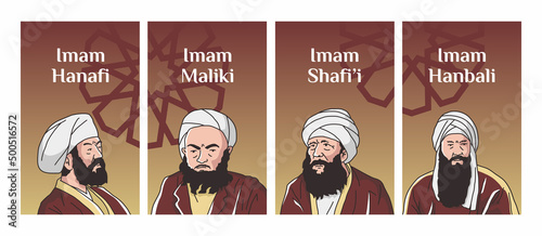 vector illustration of four Imams of Jurisprudence: Imam Abu Hanifa, Imam Malik, Imam Shafiee, Imam Ahmad ibn Hanbal