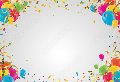 Holiday background with balloons, flags, streamer. Place for text. Vector festive illustration.