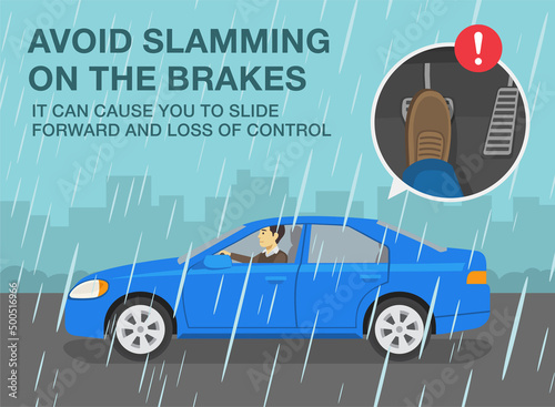 Safe driving rules and tips. Driving on a rainy and slippery road. Avoid slamming on the brakes, it can cause you to slide forward and loss control. Flat vector illustration template.