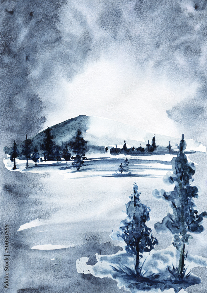Poster with watercolor blue, purple background with mountains, trees, lakes. Suitable for greeting cards, invitations, design works, crafts and perfect for invitation card template, poster, printing, Poster with watercolor blue, purple background with mountains, trees, lakes. Suitable for greeting cards, invitations, design works, crafts and perfect for invitation card template, poster, printing,