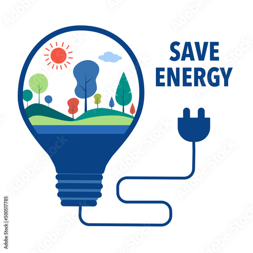 Save energy concept vector illustration on white background. Natural tree, sun and blue sky inside lightbulb in flat design.