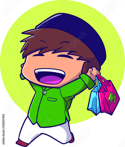 cute boy muslim with a lot shopbag feeling happy