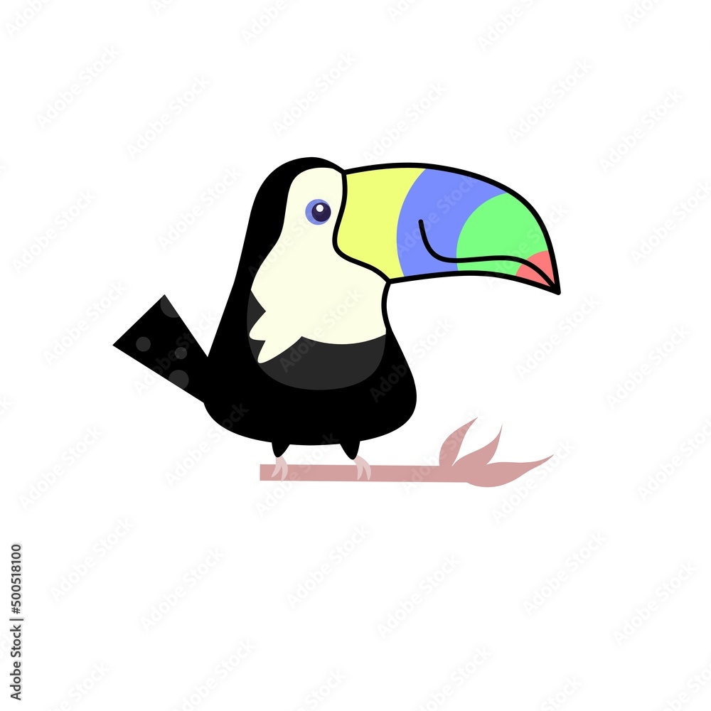 Obraz premium Vector illustration of a cute toucan on a branch. Cute and childish toucan character isolated on a white background. suitable for children's book covers and learning to draw.