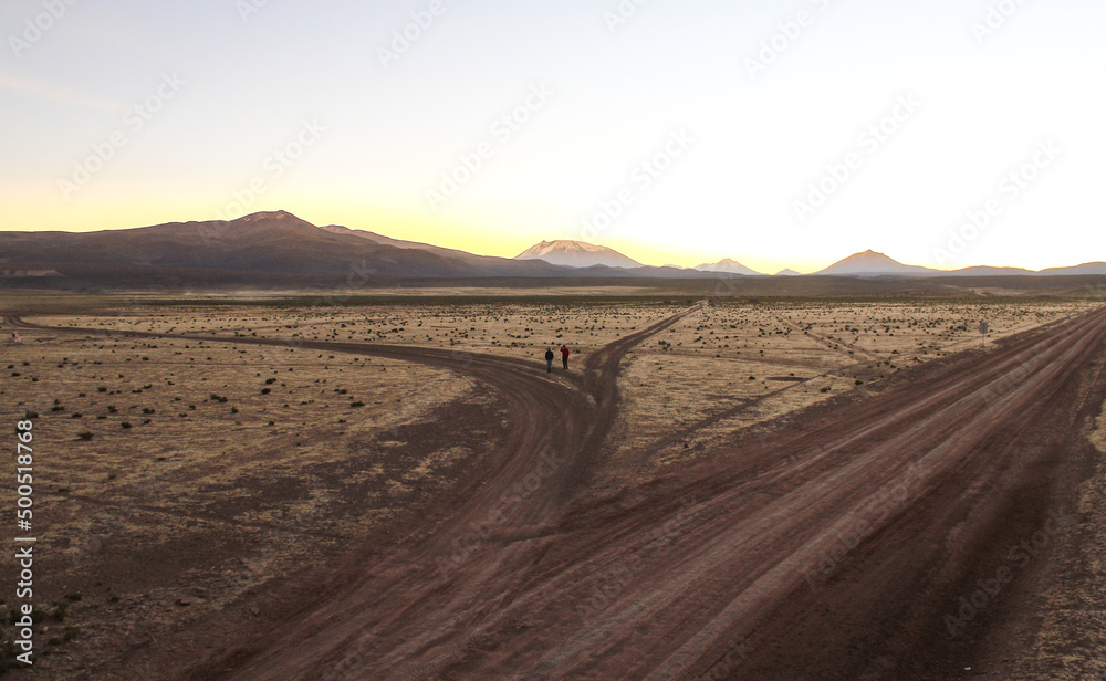Estrada de chão, cortando o deserto do altiplano andino na Bolivia