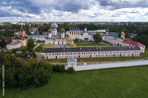 View of the ancient Tikhvin Theotokos Assumption Monastery on a cloudy August day (shooting from a quadrocopter). Leningrad region, Russia