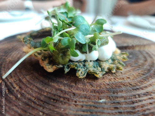 salad Starter - shiso khakra, yoghurt cremaux, raw mango chutney photo