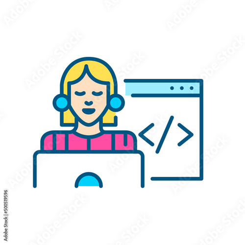 Web designer at work at laptop. Pixel perfect, editable stroke color icon