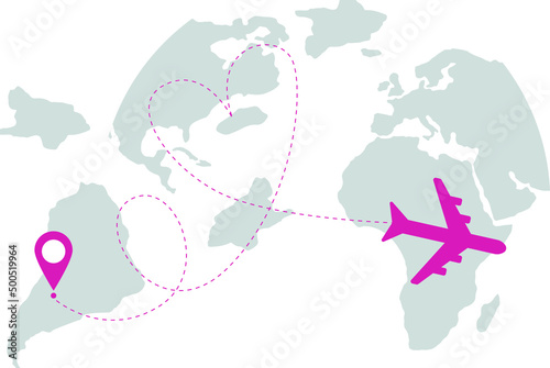 Airplane line path. Air plane flight route with start point. Flat vector illustration isolated on white background.
