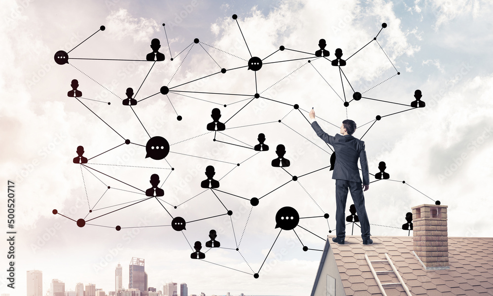 Businessman on house roof presenting networking and connection c Businessman on house roof presenting networking and connection c
