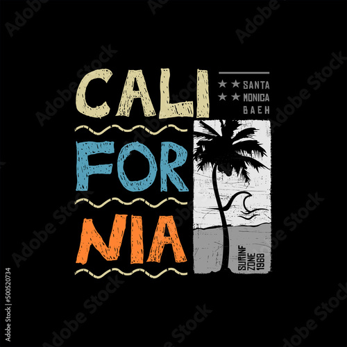 Vector illustration on the theme of surfing and surf in California, Santa Monica Beach. Sport typography, t-shirt graphics, print, poster, banner, flyer, postcard
