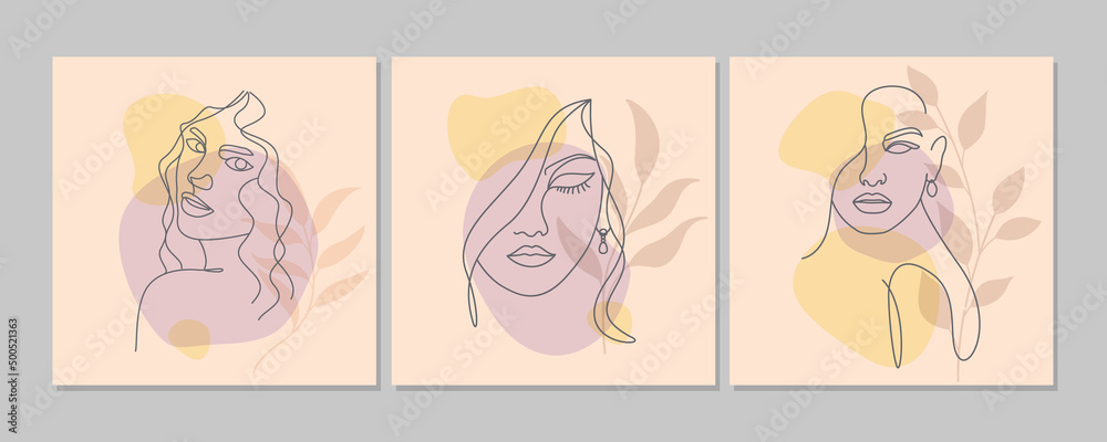 Line Art Drawing Woman Face Portrait Poster Wall Artwork Set