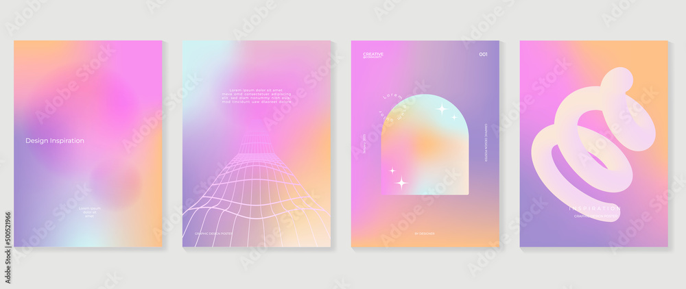 Abstract gradient cover template. Colorful poster in modern style with hologram, circle, bubbles, grid, star, sparkling elements. Fluid gradient perfect for presentation, business, media, banner. - obrazy, fototapety, plakaty 