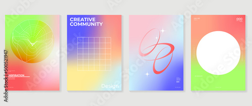 Abstract gradient cover template. Colorful poster in modern style with hologram, circle, bubbles, grid, star, sparkling elements. Fluid gradient perfect for presentation, business, media, banner.