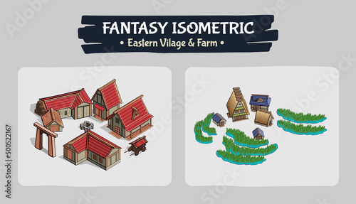 Isometric Eastern Village and Farm Fantasy game assets - Vector Illustration
