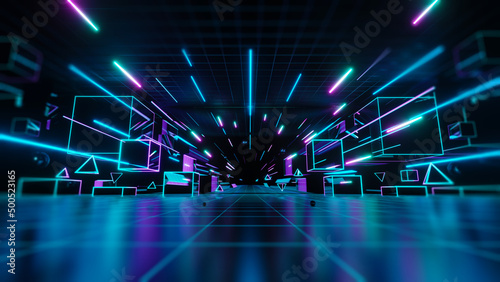 3d abstract neon background, geometric background with polygonal structure, cyber space virtual reality, Podium show products, place for product, colored neon lights, retro sci-fi style