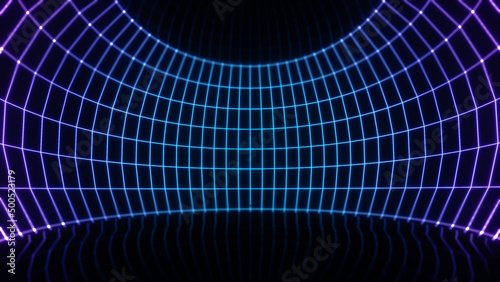 3d abstract neon background, geometric background with polygonal structure, cyber space virtual reality, Podium show products, place for product, colored neon lights, retro sci-fi style