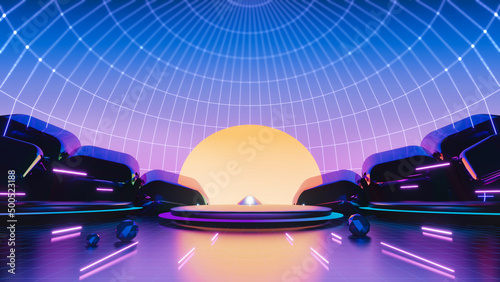 3d abstract neon background, geometric background with polygonal structure, cyber space virtual reality, Podium show products, place for product, colored neon lights, retro sci-fi style
