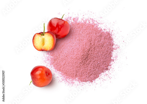 Obraz na płótnie Acerola cherry powder with fresh fruits isolated on white background