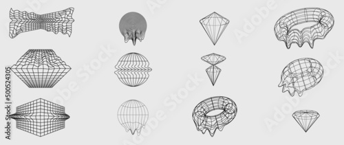 Collection of futuristic cyberpunk style elements. Geometric wireframe of circle, earth, distortion, grid with black color. Retro graphic design perfect for decoration, business, cover, poster.